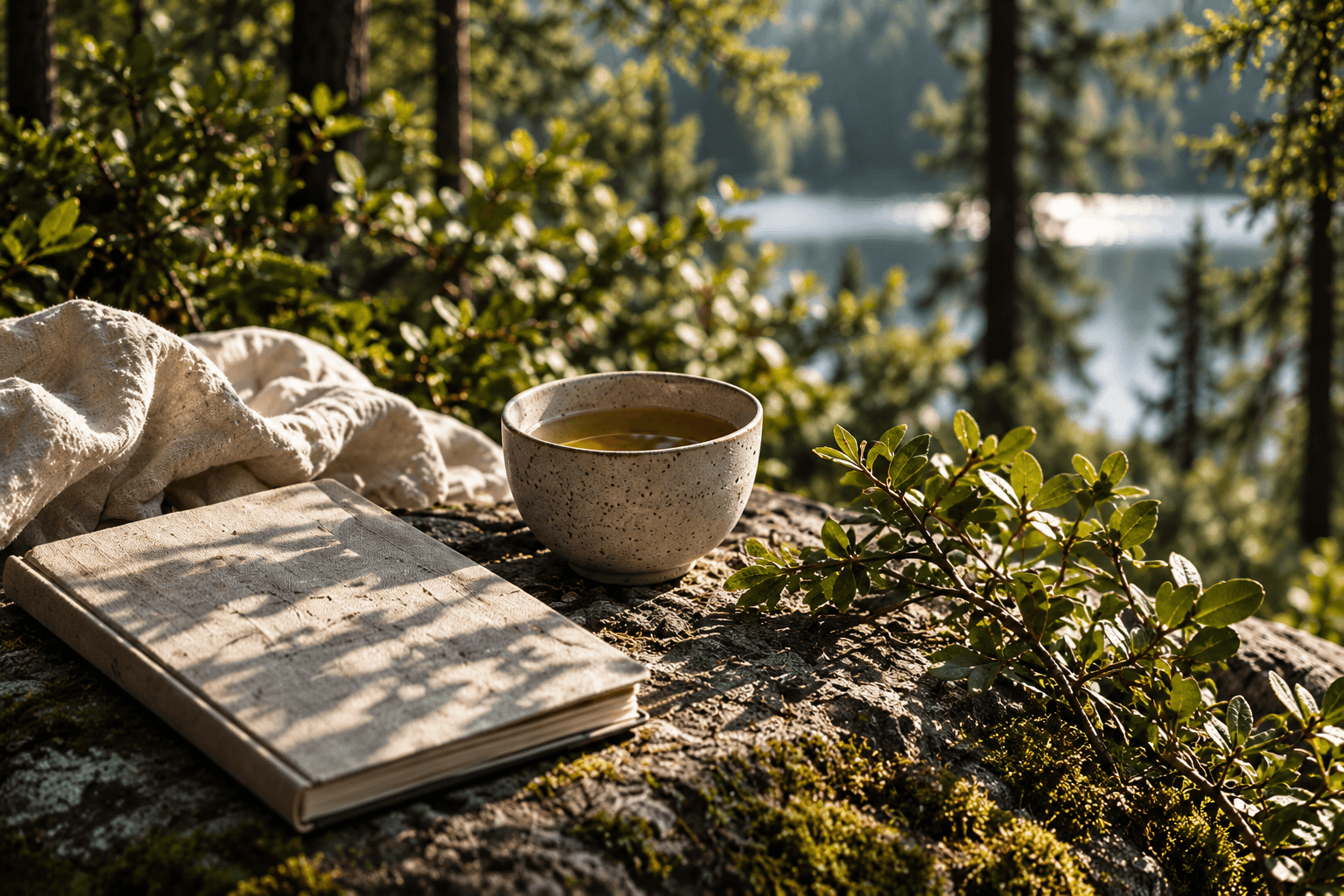 Illustrative forest mood study: ceramic tea cup and linen notebook beside a lake