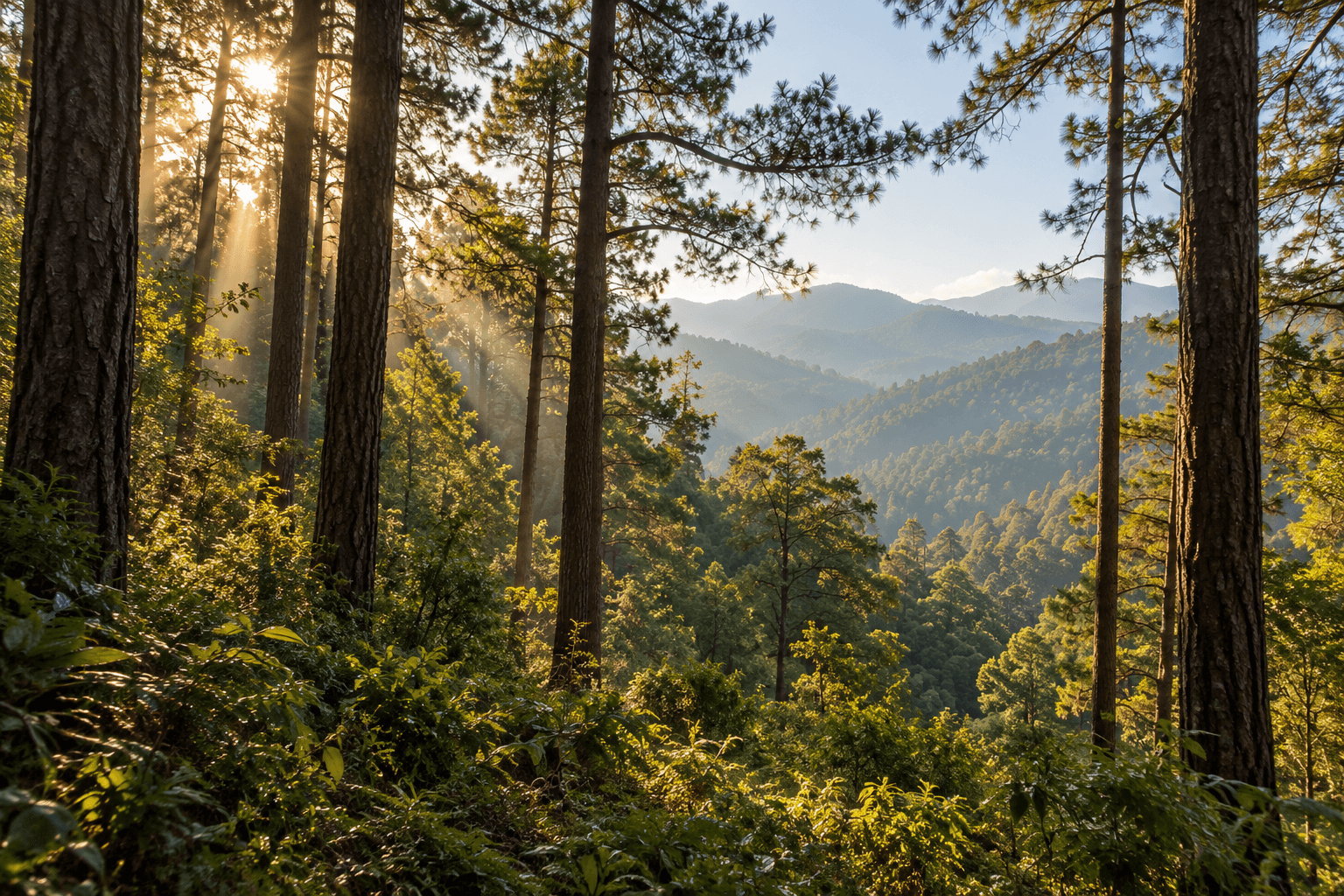 Sunlight through forest trees, illustrative mood study