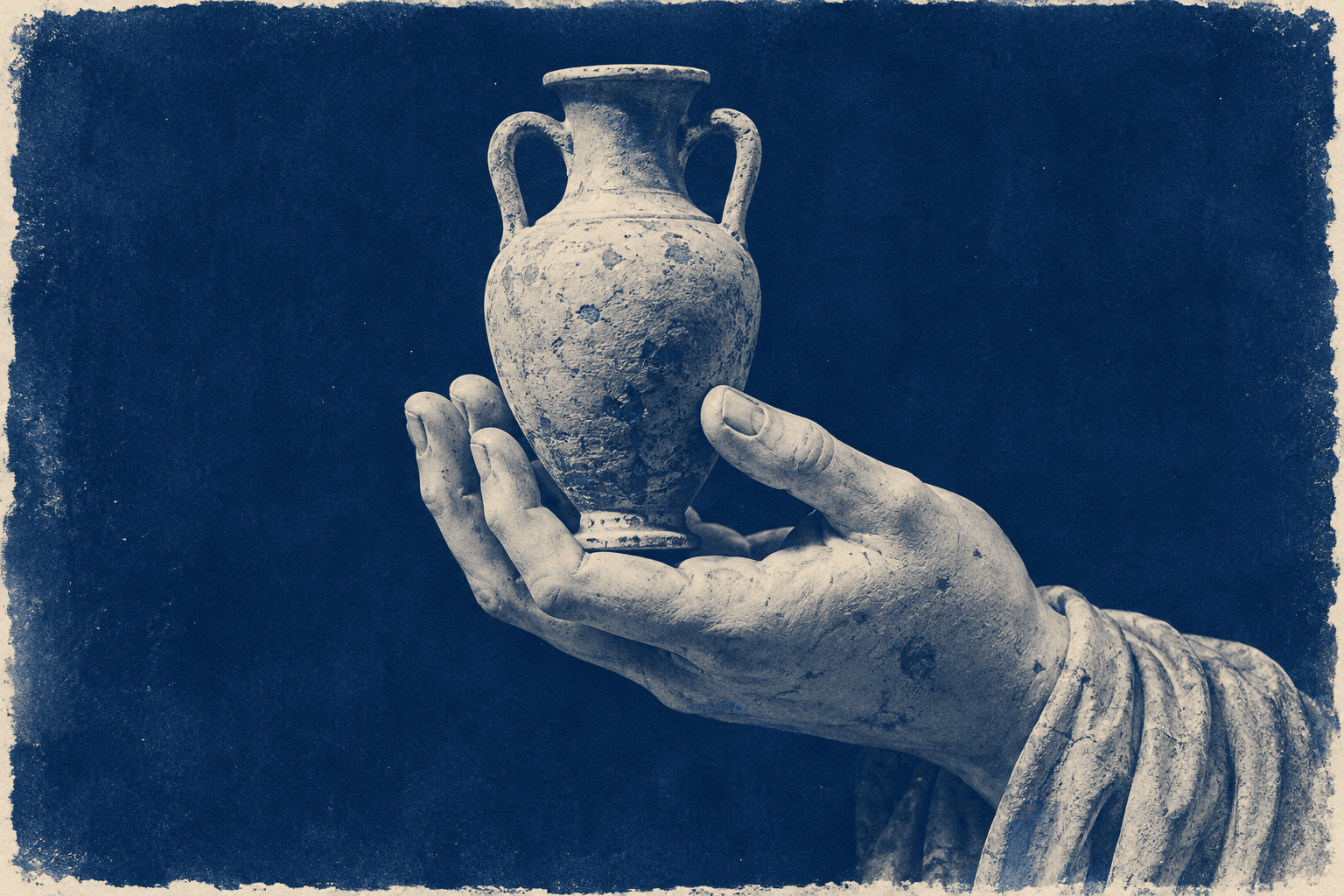 Cyanotype illustration of a carved marble hand holding an amphora