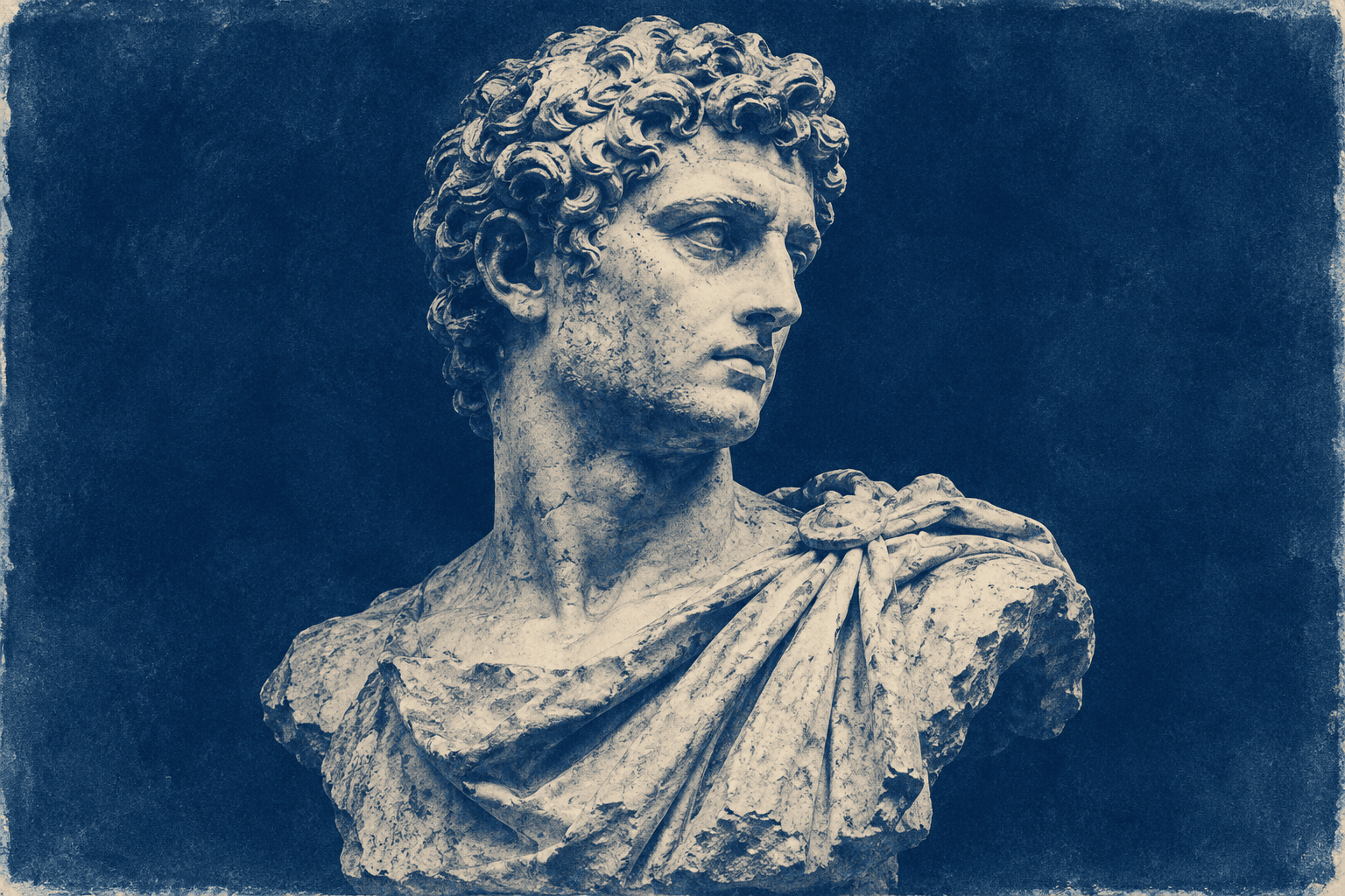 Cyanotype illustration of a Roman-inspired marble portrait bust