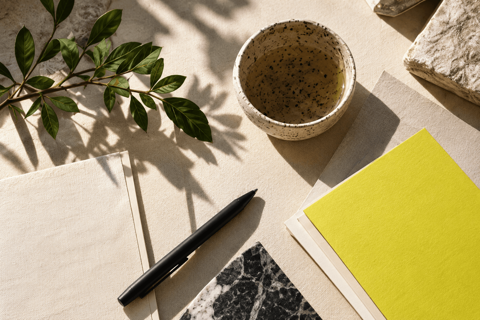 Illustrative studio still life: ceramic cup, notebook, pen and citron paper